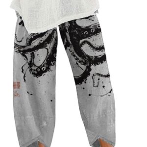 Capris Linen Pants for Women Ocean Japanese Art Printed Baggy Cropped Wide Leg Pallazzo Trousers Pants for Beach