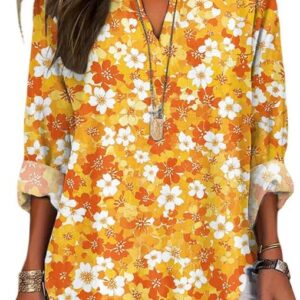 HOTYD Long Sleeve V Neck Boho Blouses for Women Dressy Casual Round Hem Vintage Graphic Shirts Loose Fit Pullover Floral Tops