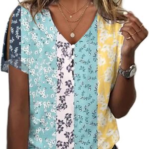 HOTYD Womens Boho Tops Floral Short Sleeve V Neck Shirts Dressy Casual Summer Blouses Plus Size Button Clod Shoulder Tops