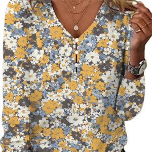 HOTYD Long Sleeve Button V Neck Boho Tops for Women Dressy Casual Floral Print Blouses Vintage Ethnic Graphic Tees Plus Size