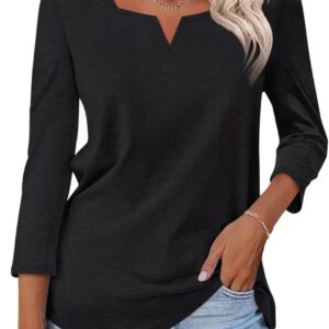 Women's 3/4 Length Sleeve Tops Square V Notched Neck Shirts Casual Summer Blouses