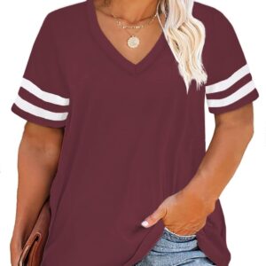 HAPPY SAILLED WOMENS PLUS TOPS SUMMER SUMMER SOUEVE V NECK Stripd LOOSE CASUAL T-shirt (1x-5x)