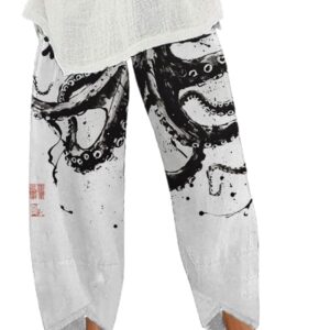 Capris Linen Pants for Women Ocean Japanese Art Printed Baggy Cropped Wide Leg Pallazzo Trousers Pants for Beach