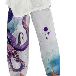 Capris Linen Pants for Women Ocean Japanese Art Printed Baggy Cropped Wide Leg Pallazzo Trousers Pants for Beach