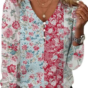 HOTYD Long Sleeve Button V Neck Boho Tops for Women Dressy Casual Floral Print Blouses Vintage Ethnic Graphic Tees Plus Size