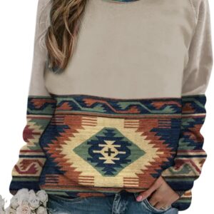 HOTYD Western Sweatshirts for Women Casual Long Sleeve Vintage Aztec Geometric Graphic Shirts Loose Crew Neck Pullover Tops