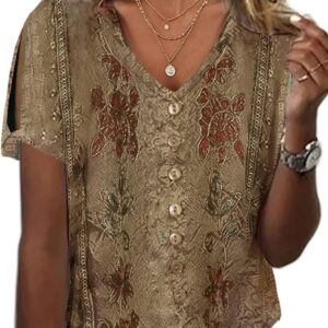 HOTYD Womens Boho Tops Floral Short Sleeve V Neck Shirts Dressy Casual Summer Blouses Plus Size Button Clod Shoulder Tops