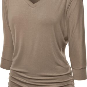 Made By Johnny Women's Casual Boat Neck and V-Neck 3/4 Sleeve Draped Dolman Top with Side Shirring Premium Shirt