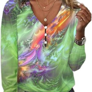 Akivide Women's Long Sleeve V Neck Button Dressy Casual Boho Floral Blouse Colorful Ethnic Print Top Shirt Plus Size