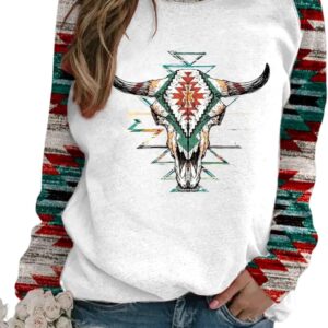 HOTYD Western Sweatshirts for Women Casual Long Sleeve Vintage Aztec Geometric Graphic Shirts Loose Crew Neck Pullover Tops