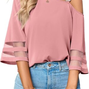 Women's Cold Shoulder Chiffon Blouse 3/4 Bell Sleeve Mesh Panel Tops Casual Loose One Shoulder Strappy Summer Shirts