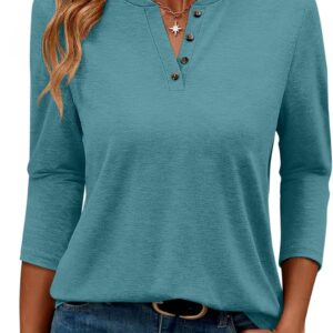 TICTICMIMI Women's V's NECK 3/4 SLEEVE TOPS CASUAL SUMMER T-shirts Bulk button boil