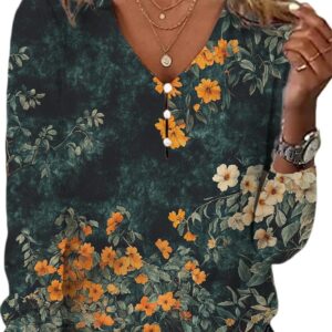 HOTYD Long Sleeve Button V Neck Boho Tops for Women Dressy Casual Floral Print Blouses Vintage Ethnic Graphic Tees Plus Size