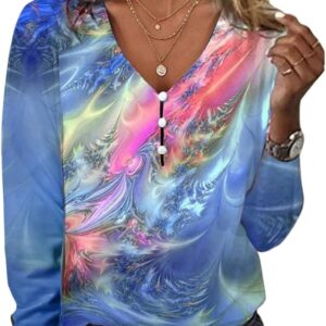 HOTYD Womens Boho Floral Tops Dressy Casual Long Sleeve Button Up V Neck Shirts Plus Size Summer Tops for Women