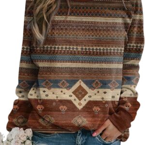 HOTYD Western Sweatshirts for Women Casual Long Sleeve Vintage Aztec Geometric Graphic Shirts Loose Crew Neck Pullover Tops