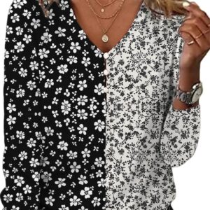 HOTYD Long Sleeve Button V Neck Boho Tops for Women Dressy Casual Floral Print Blouses Vintage Ethnic Graphic Tees Plus Size