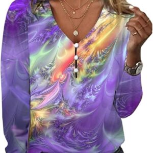 Hotyd Womens Boho Floral Tops Dressed Long Sleeve button relaxed to V neck shirts plus summer size for women