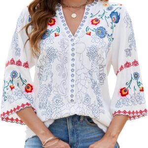 Mexican Shirts Peasant Blouses Cotton Embroidered 3/4 Sleeve V Neck Tunic Bohemian Tops Boho Clothes for Women