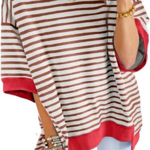 SHEWIN Womens Tops Casual Short Sleeve Sweatshirt Striped Shirt Crewneck Pullover T Shirts Loose Blouses