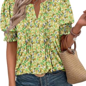 CRAZY GRID Women's Dressy Casual Top Puff Sleeve Summer Shirt Loose Trendy Pleated Blouse