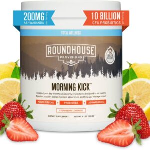 Morning Kick, Greens Superfood Powder Supplement with Ashwaganda, Collagen, Probiotics, supports energy levels, 30 portions (strawberry lemonade) by Chuck Norris