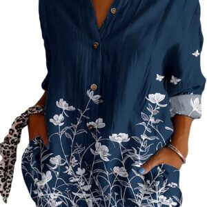 HOTYD Womens Long Sleeve Boho Shirts Button V Neck Vintage Floral Tops Ladies Blouses Dressy Casual Graphic Shirt 2025 Spring