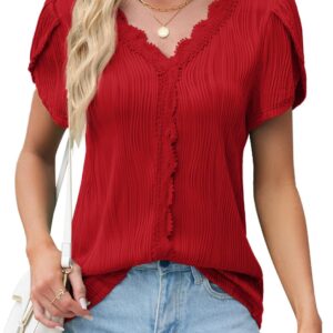 JUSTFASHIONNOW Blouses for Women Dressy Casual Petal Short Sleeve Business Work Tops Ladies Lace V Neck Summer Trendy Shirts