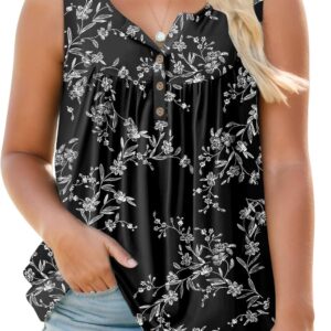 ROSRISS Plus-Size Henley Sleeveless Shirts for Women Summer Casual Tops Buttons Tees 14W-28W