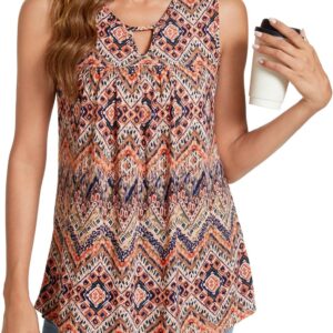 SUNNEGOO Womens Summer Tank Tops Sleeveless Cute Loose Fit Dressy Casual Flowy Blouses Printed Pleated Shirt Trendy Tunic