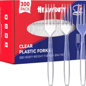 Jolly Chef 300 Count Clear Plastic Forks Heavy Duty, 7.1 "Solid heat resistant and disposable durable plastic forks, Bulk Display roofers perfect for the holidays.
