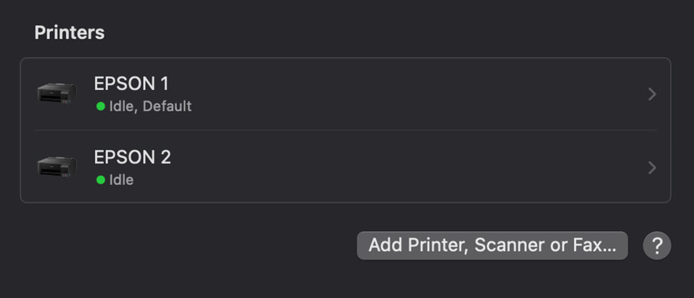 Epson printer showing connected status in Mac Printers & Scanners settings