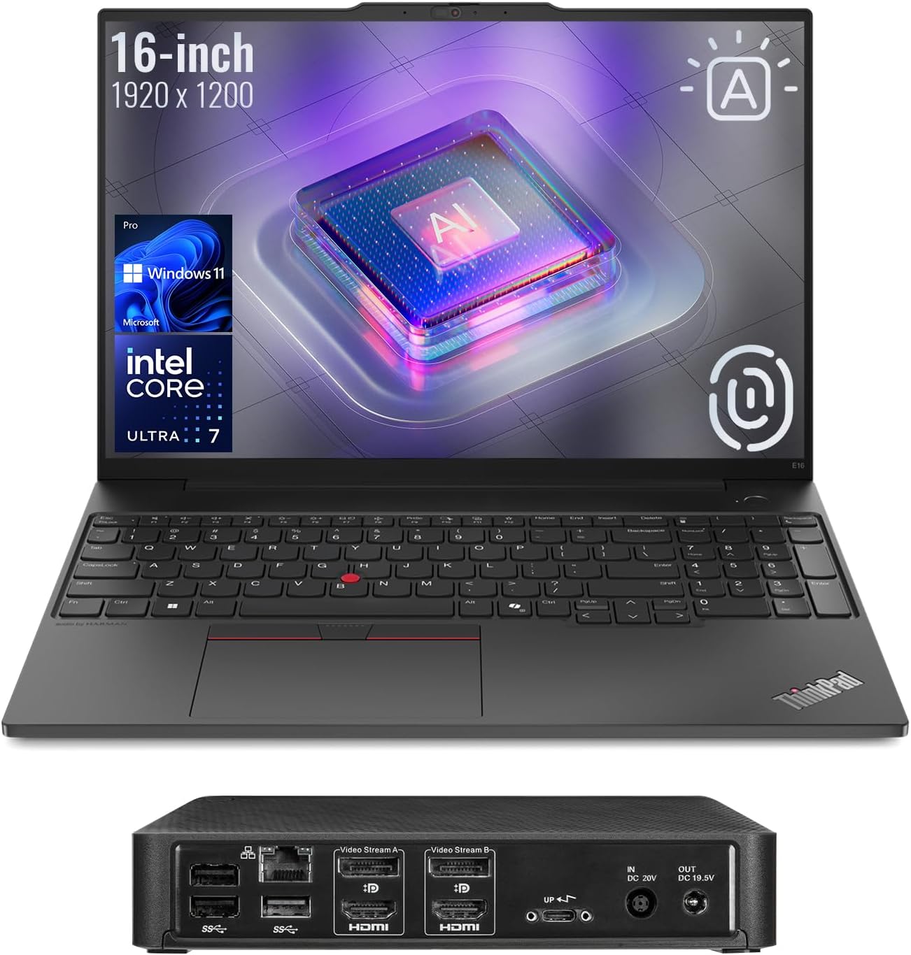 Lenovo Thinkpad E16 Ai-Optimized Business Computer, 16 “FHD +, Intel Core Ultra 7 155U, 32 GB DDR5 RAM, 1TB SSD, Digital imprint, backlit, HDMI, Wi-Fi 6, Windows 11 PRO, Bundle with Targus mooring station