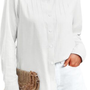 siliteelon Linen Shirts for Women Button Down Shirts Long Sleeve Summer Pleated Shirt Casual Work Beach Collared Linen Tops