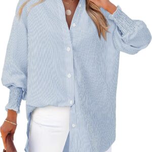 Women's Striped Button Down Shirts Long Sleeve Smocked Cuffed Oversized Boyfriend Blouses Collared Work No Pockets Tops