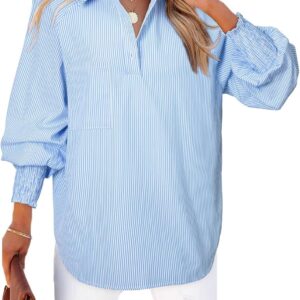 Astylish Women 2025 Fine Striped Smocked Cuffed Henley Shirts Long Sleeve Collared Blouse Tops with Pocket