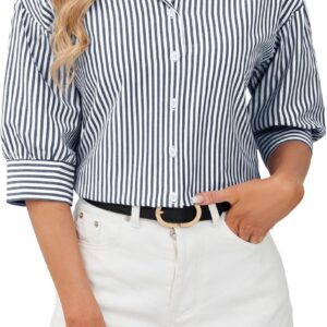 siliteelon Button Down Shirts for Women Striped Dress Shirts 3/4 Sleeve Wrinkle Free Casual Collared Blouse Office Work Shirt