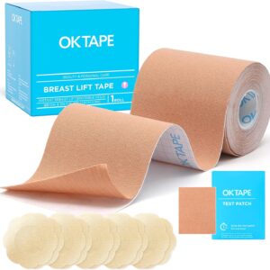 OK TAPE Breast Lift Tape, Boob Tape for Large Breasts Lift with 5 Pairs Nipple Cover Set, Breathable and Invisible Body Tape for A-G Cup, Beige, 3" x 16.4ft