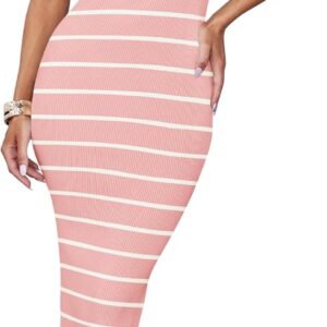 ZESICA Women's 2025 Summer Bodycon Midi Dress Striped Short Sleeve Ribbed Knit Slim Fit Side Slit Vacation Long Dresses
