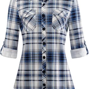 DJT Womens Soft Stretchy Knit Plaid Shirts Roll Up Long Sleeve Collared Button Down Blouses Tops