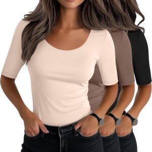 Neer 3 Pack Women's Scoop Neck Stretchy Tops Cotton Half Sleeve Slim Fitted T-Shirts Tight Casual Basic Summer Tees