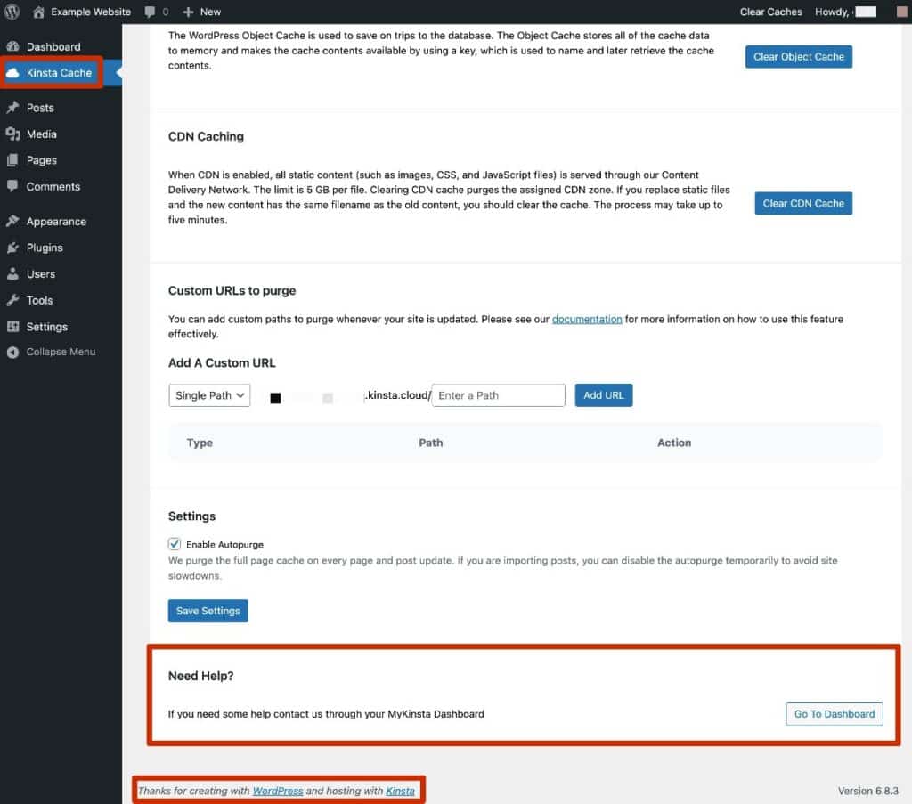 The WordPress dashboard with the default configuration from Kinsta