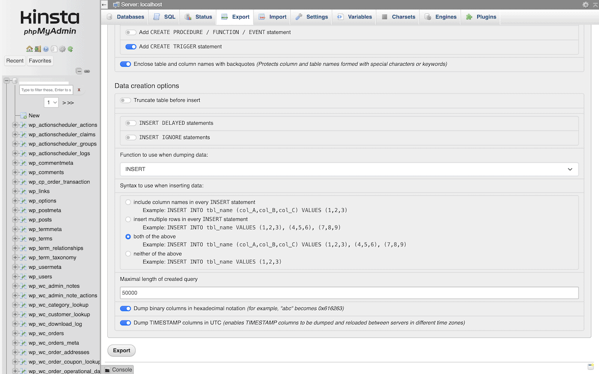 The phpMyAdmin interface for a Kinsta website showing the Export dialog and a list of database tables.